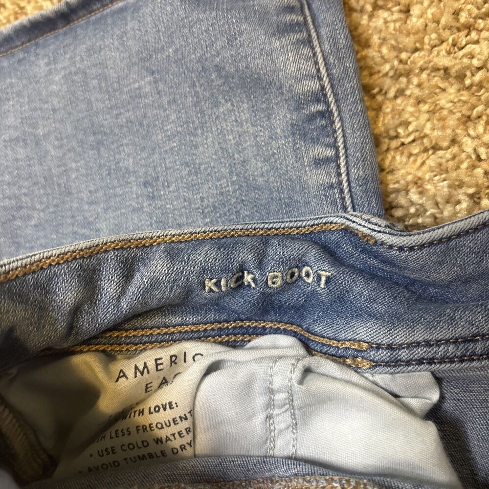 American Eagle Jeans Womens 14 Blue Kick Boot Bootcut Mid Rise Stretch Faded - Picture 14 of 15